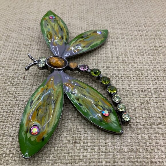 Dragonfly Enamel Multi Colored Rhinestone Gun Metal Brooch Pin - Picture 6 of 8